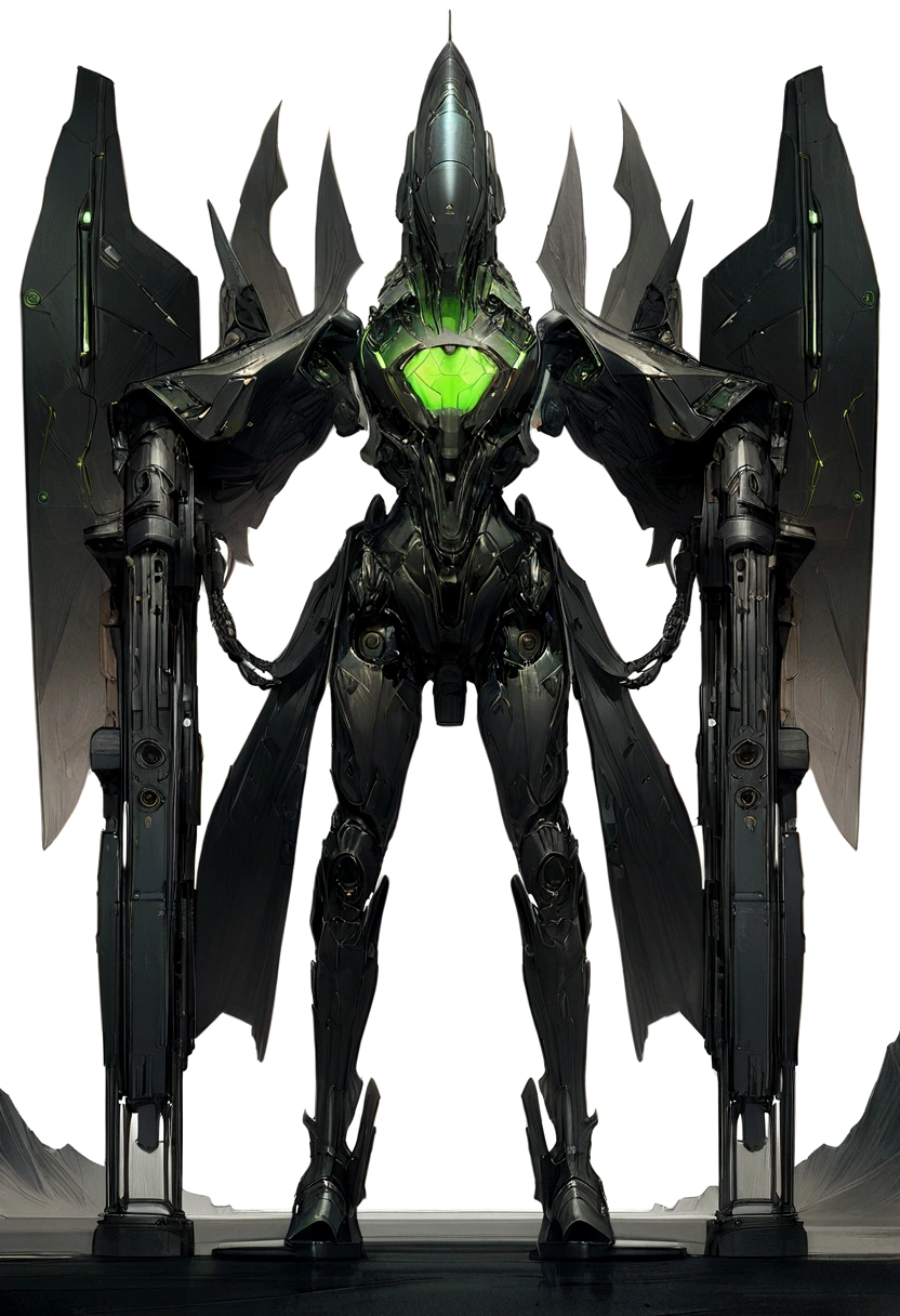 standing machine, Full-body façade, simple_background, White_background, Reggie Steele, metallic, black sand, laser sight, Autech, fancy과학, Match the form, ghibli, flat monochromatic drawing, light and shadow realistic, cyberpunk, futuristic, digital art, best quality, graphic animation, SFW, star sector, fancy과학 style, high tech products, fancy과학, fancy, very detailed details, digital painting, Art Station Trends, concept art, sharp focus, illustration,  
