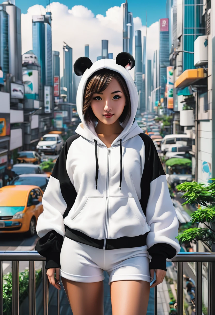 View of a modern city and a girl wearing a panda outfit