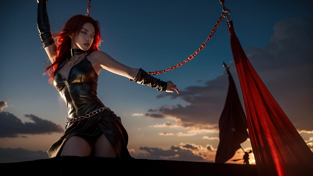 A girl with red hair is shown breaking chains that were holding her back, symbolizing freedom and strength. The chains are shattered and flying in the air, with determined look on her face.
Colors: Dark background with metallic silver chains, and subtle light highlighting the breaking point. Red