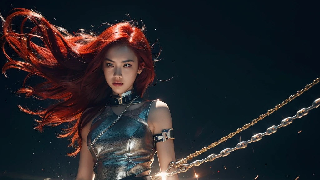 A girl with red hair is shown breaking chains that were holding her back, symbolizing freedom and strength. The chains are shattered and flying in the air, with determined look on her face.
Colors: Dark background with metallic silver chains, and subtle light highlighting the breaking point. Red
