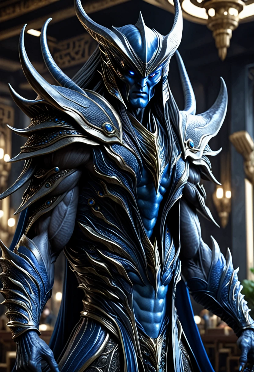 alien, Cao Cao, strong physique, long arms, dense muscle, through the dense, gray colored skin, without mouth and nose, just huge blue eyes, serious features, height of 2,35 meters, space diner, richness of detail, realisitic, ultra HD, 8K 