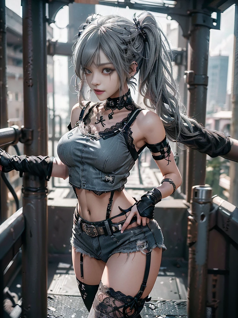 (Full Body View:1.3)、(Side view:1.1)、(Wearing a thong:1.4)、(Accentuate your butt:1.3)、(Smiling with teeth showing:1.3),(Shibuya Gal:1.5)、(Neo-goth style fashion:1.5)、(Punk RockVisual Kei:1.4)、(A high-leg bodysuit in a delicate design of denim, silver and black:1.5)、(Denim, black gloves and sailor shirt:1.5)、(Denim high heels:1.3)、(Wearing silver accessories:1.5)、(Denim collar:1.4)、(Black Leather Garter Belt:1.4)、(Brown Skin Belt:1.3)、(Black lace underwear:1.5)、20-year-old、NSFW、((Highest quality、In 8K、masterpiece:1.3))、Sharp focus:1.2、(Layered Cut、Huge boobs:1.1),Beautiful woman with perfect figure:1.4、(Dancing vigorously:1.3)、Slender Abs:1.2、Highly detailed face and skin texture、Detailed eyes、double eyelid,(Twin tails:1.3)、(Grey colored hair:1.3)、Gravure idol、(The Caribbean cityscape in the background:1.3)、(Slim body:1.3),(Make your legs thinner:1.4),（clavicle:1.1）