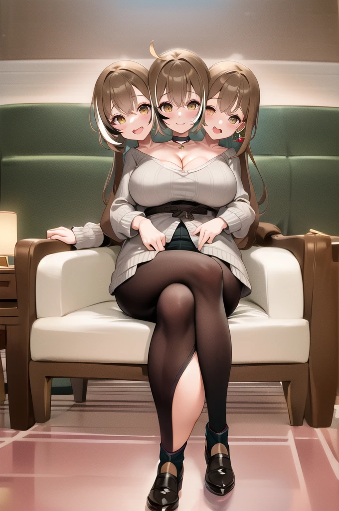 masterpiece, best quality, highres, bbmumei, long hair, multicolored hair, jewelry, earrings, shirt, sweater, long sleeves, plaid, black choker, black skirt, long skirt, living room, sitting on couch, holding smartphone, smile, open mouth, small breasts, (chubby:1.7), (2heads:1.5), (wide hips:1.6), (thick thighs:1.6), (legs crossed:1.3), (crossed legs:1.3)