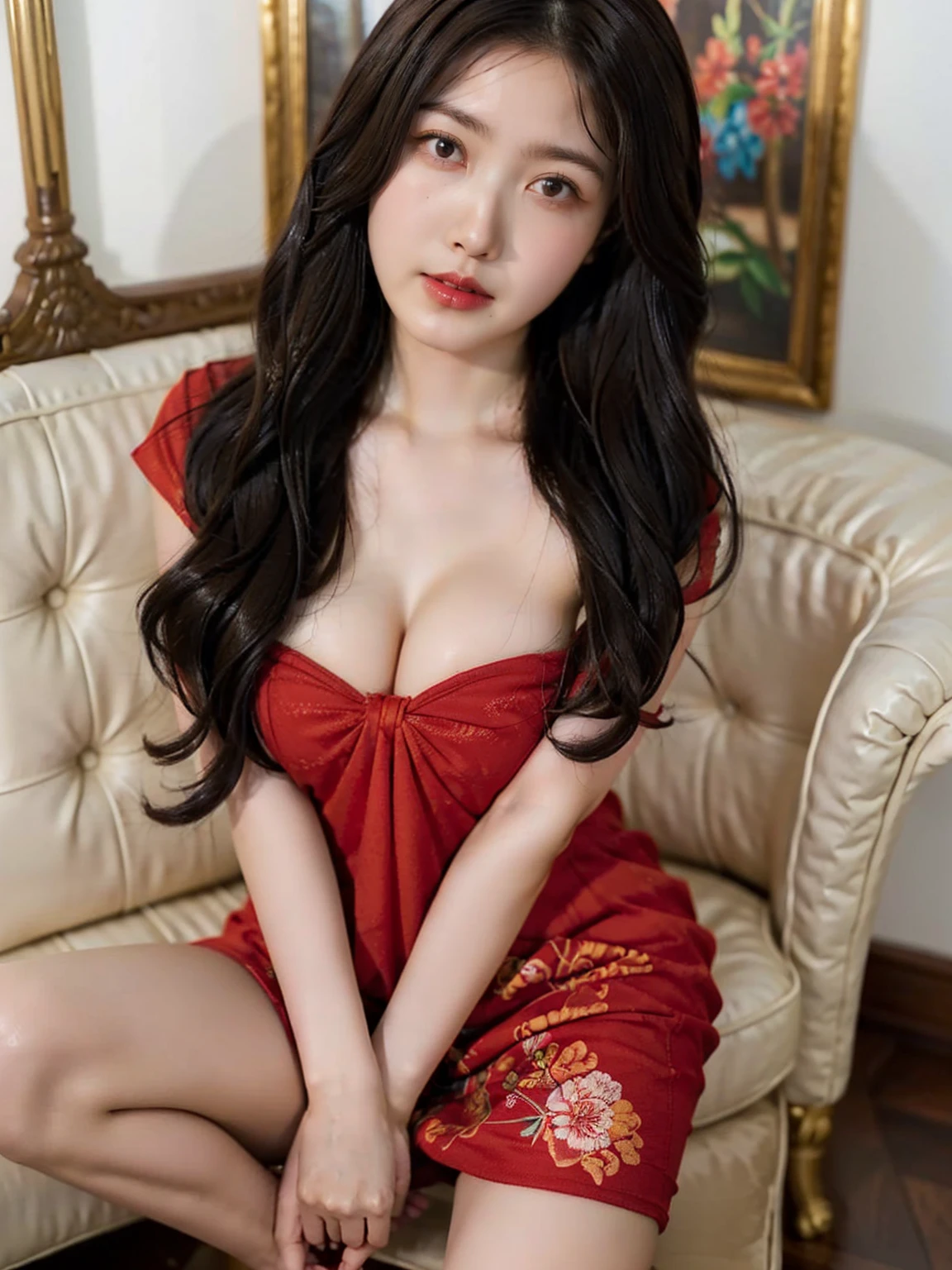 (( in a front a painting, terrace, buy hairstyle, standing, red sexy dress, closeup shot, cleavage, high heels good hands, thighs)), (masterpiece),((ultra-detailed)), (highly detailed CG illustration),(expressionless), (best quality:1.2),(1girl),High quality texture, intricate details, detailed texture, High quality shadow, brown eye pupil, depth of field, perspective,20s, (big eyes:1.2),blush,perfect body, Natural big breast, distinct_image, (HQ skin:1.3), solo focus, (brown hair), ((medium hair)).