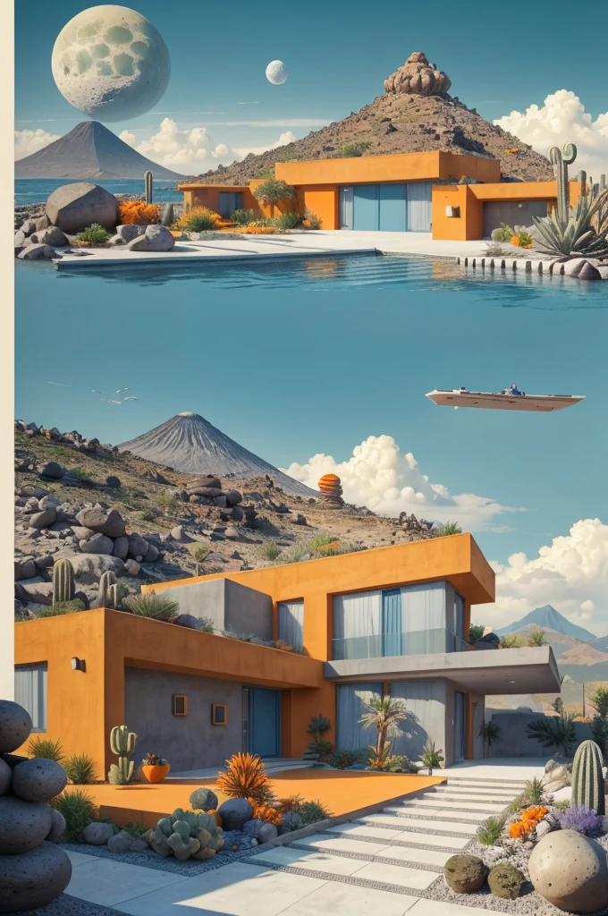 An illustration in collage style, with giant boulders, brutalist building sections, terraces, stairs, cacti, agave, concrete texture, multiple geometric shapes, hatch and cross hatching, planet saturn, volcano, moon, Luis Barragán's architectural style build, milky way galaxy, violet, one motorcycle, An illustration in collage style, with giant boulders, brutalist building sections, stairs, cacti, agave, concrete texture, multiple geometric shapes, hatch and cross hatching, planet saturn, volcano, moon, Luis Barragán's architectural style build, reflective pool, terraces. An elegant and modern build, in top of big boulders, with terraces, materials concrete, wood, steel and crystal, various gardens with tropical vegetation, cacti and rocks, stairs, a pool. In middle of sea, a big wave near, sunset, mountains and a volcano in the horizont, cute islands around, illustration format, cute color palette, detailed, masterpiece, award-winning work, clouds, Illustration, a garden with abundant cacti, ((various organic sculptures)), ((big rocks)), (((multiple sections))), collage style, detailed, (((color palette (olive green), (Mustard orange), cool grey, ((blue)), black and white))), (((a lot Luis barragán's architecture style builds))) big clouds, volcano in horizon, stairs, in the desert. ((masterpiece, best quality)),illustration,ultra detailed 8k, ((Ori Toor visual style)),soviet, megabuildings, megastructures, buildings, organic steel sculpture