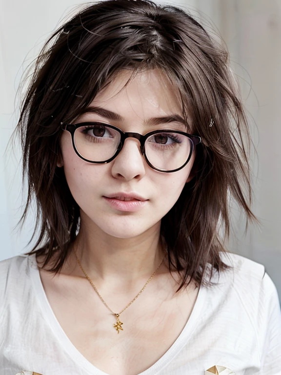 (masterpiece, Best quality:1.2), 1 tomboy girl 16 years old, One, Russian girl in glasses with aesthetic small breasts with beautiful erect pale pink nipples, round face, round cheeks, small round chin, beautiful proportional small wide nose, Plump lips, closed mouth, expressive brown eyes, Long eyelashes, glasses with lenses, a little crazy look, sparkle in the eyes, spiky tousled dark brown tousled slightly wavy medium length shoulder length hair, wearing a white cotton shirt (office outfit), absolutely no bra, upper body photo portrait, high quality human skin textures, Beautiful face, Ideal Anatomy, realistic textures, realistic glasses, image distortion through glasses lenses, without cosmetics and perfumes, without decorations, medium shot, free pose 