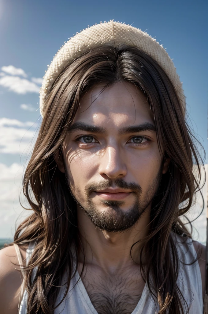 the image only needs to be a 4x3 photo, image of the face only. A beautiful ultra-thin realistic portrait of jesus, a prophet, man 35 years old Brunette, short brown hair, truly perfect eyes, long black beard, and, People々help , wearing a sleeveless tunic, made of linen or wool, and tied with a belt, neutral color, such as white or beige, Front figure, whole body, biblical, realistic,by Diego Velázquez,Peter Paul Rubens,Rembret,By Alex Ross,8K, conceptual art, realistic, realist, figure, oil, Surrealism, Super realistic, People Help, digital art, style, watercolorReal jesus flying in the sky with a flying cloud in the background, jesus walking on water, biblical figure, epic biblical representation, realistic, sky, jesus Christ, Smiling in the sky, Portrait of jesus Christ, face of jesus, 35 young almighty god, Portrait of Tenjin, greg olsen, jesus Gigachad, jesus of Nazareth, jesus, the face of god, God watching me, He welcomes you warmly, he is happy, Image information for Sky Avatar