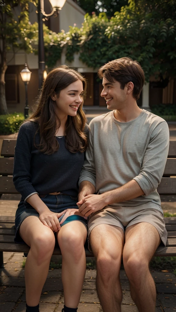 A high-quality detailed illustration of two people sitting on a bench, having a lively and engaging conversation, with open body language and genuine smiles, highly realistic, cinematic lighting, warm color tones, intricate details, masterpiece,4k, ultra-detailed, photorealistic