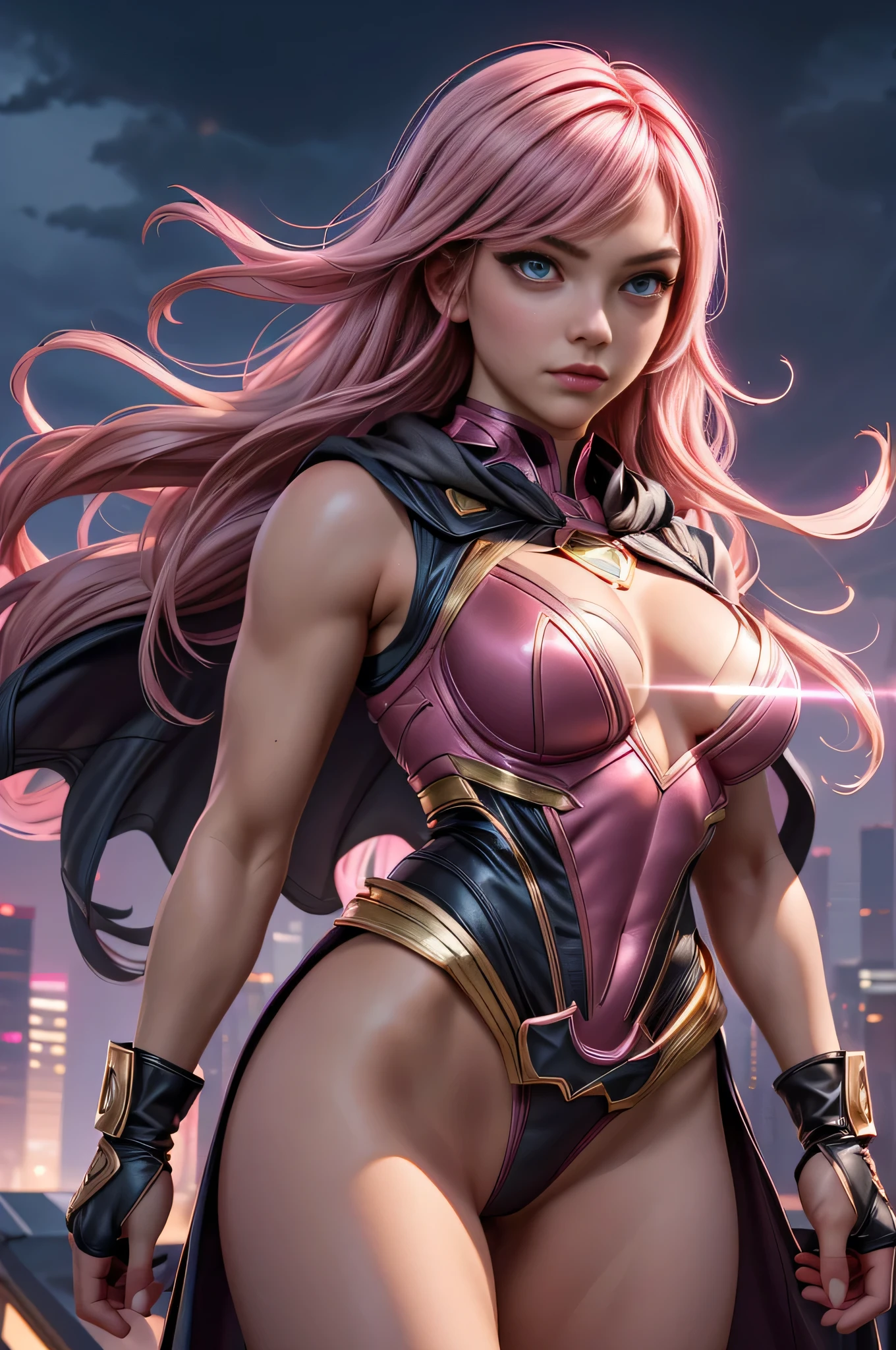 1girl, medium breasts, leotard, pink and black leotard, bare legs, tight belt, gold belt, gloves, white glove, 
city backdrop, tokyo city backdrop, solo, single, cowboy shot, superhero, beautiful detailed eyes, 20 year old girl, 
gold symbol on chest, mask, pink hair, long hair, sleeveless, perfect anatomy, masterpiece, bare stomach, cleavage, flowing cape. 
Strong, powerful, Front facing camera. Eyes glow with electric power, pink
superhero pose, dramatic lighting. storm clouds in sky, dramatic sky, lighting, glowing, lens flare.
leaning forwards over viewer
