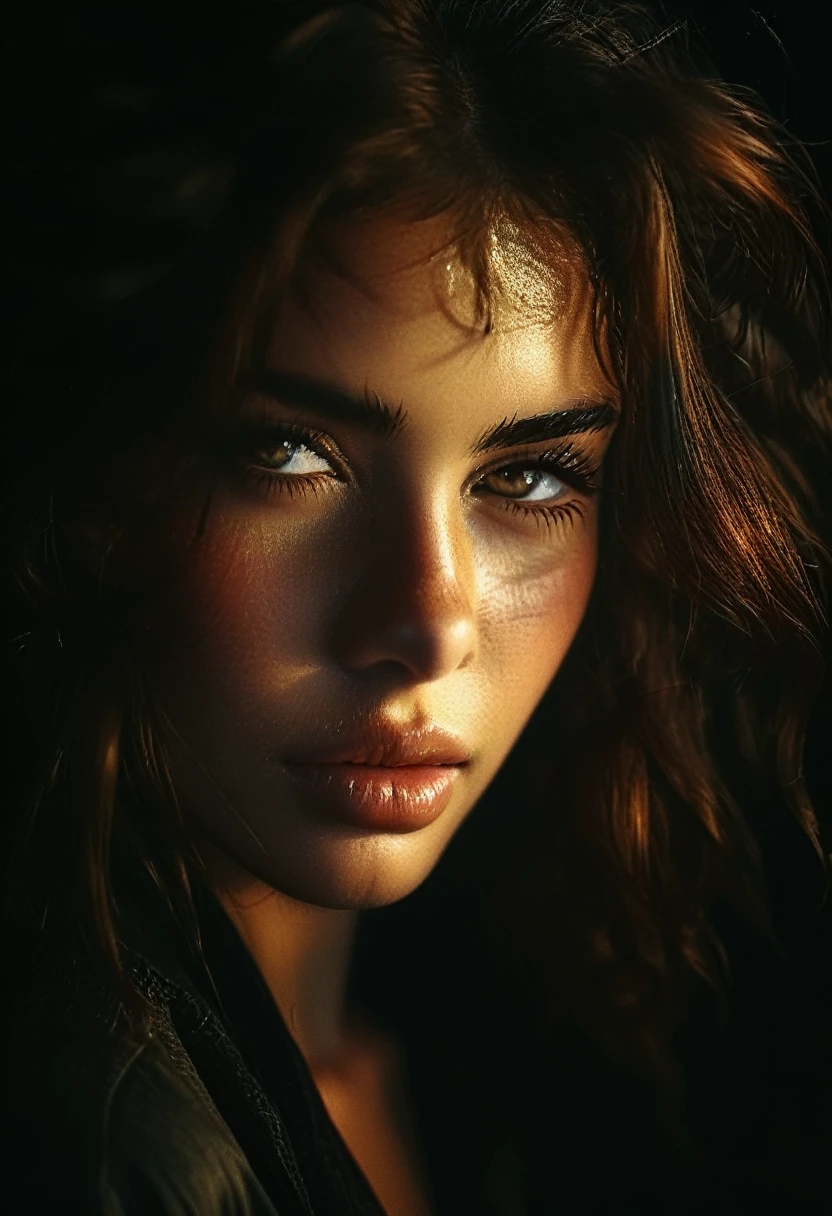 (full length, Wide angle, center, without trimming) - AR 9:16 - from 1:2. 1940s editorial photo: 20 year old girl, 1 woman, solo, in frame, contemptuous smile, in dark room, extremely detailed eyes, detailed symmetrical realistic face, extremely detailed natural texture, peach fuzz, tangled hair, masterpiece, absurd ,award-winning photography by Lee Jeffries,nikon d850 film, kodak portra 400 f1.6 camera lens, extremely detailed, amazing, fine details, rich colors, hyper realistic texture, dramatic lighting, unreal engine, popular on artstation, Cinestill 800 tungsten. photorealistic,Photo in RAW format, Tanvir Tamim, high quality, high resolution,sharp focus, highly detailed, cinematic lighting, 8k uhd, high res, cinematic, neoprene, behance winner, featured on unsplash, cgsociety, unreal engine 5, super sharp focus. (full length, Wide angle, center, without trimming) - AR 9:16 - from 1:2