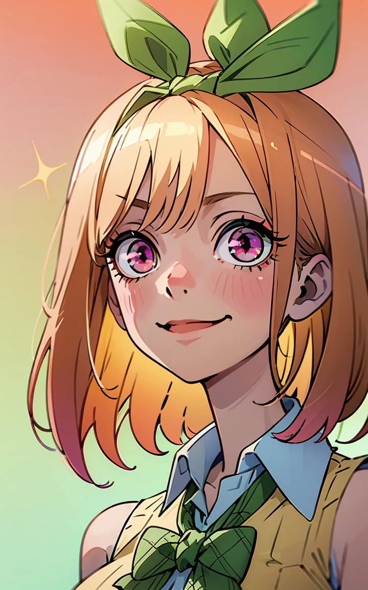 Marin dressed up as Yotsuba Nakano, long blonde hair with pink ends, sparkling pink eyes, sweet face, cheery, playful happy face, lovely, 4k, perfect quality, excellent fusion, excellent character design, green ribbon, sleeveless yellow sweater, collared white short sleeved shirt, green bow tie, green pleated skirt, bright colors, pastel coloured image, vivid colours, light colours, simple background, magic hill background, splendid nature, natural light, daylight, full body, full shot, dinamic pose, extremely detailed, clean lineart, neat, smile