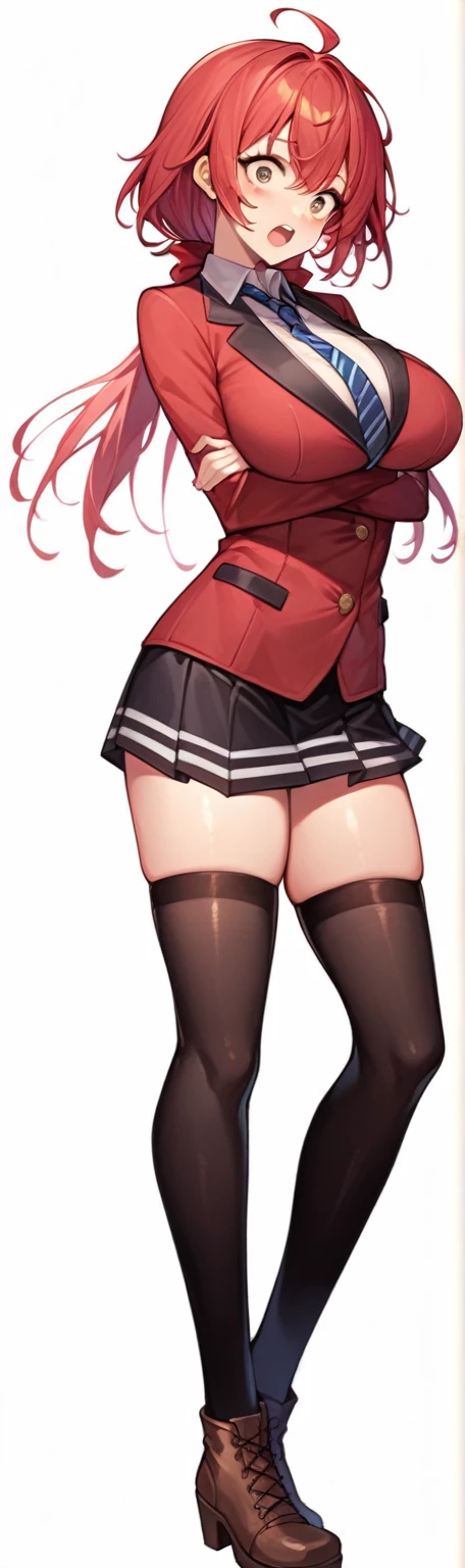 masterpiece, Highest quality, High resolution, , Red Hair, Red Bow, Striped blue scarf, blazer, Gold Button,(Shocked face),Red ugly jacket, Long sleeve, Big Breasts,Disdainful Eyes,Black Skirt, Black tights, Sexy thighs,Brown boots,Arms crossed, 