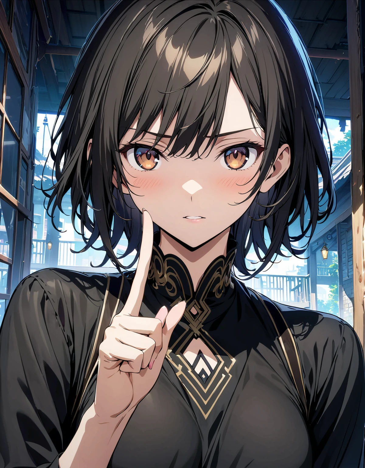 (超detailedなイラスト:1.2),とても繊細でbeautiful,非常にdetailed,CG,Unity,8k wallpaper,wonderful,detailed,masterpiece,The best quality in the best condition,Official Art,非常にdetailed CG 8k Unbelievably ridiculous resolution,Beautiful and exquisite,High resolution,非常にdetailedな目と顔男性,beautiful, Black Hair, Brown eyes, Black Shirt, Point your finger at viewers
