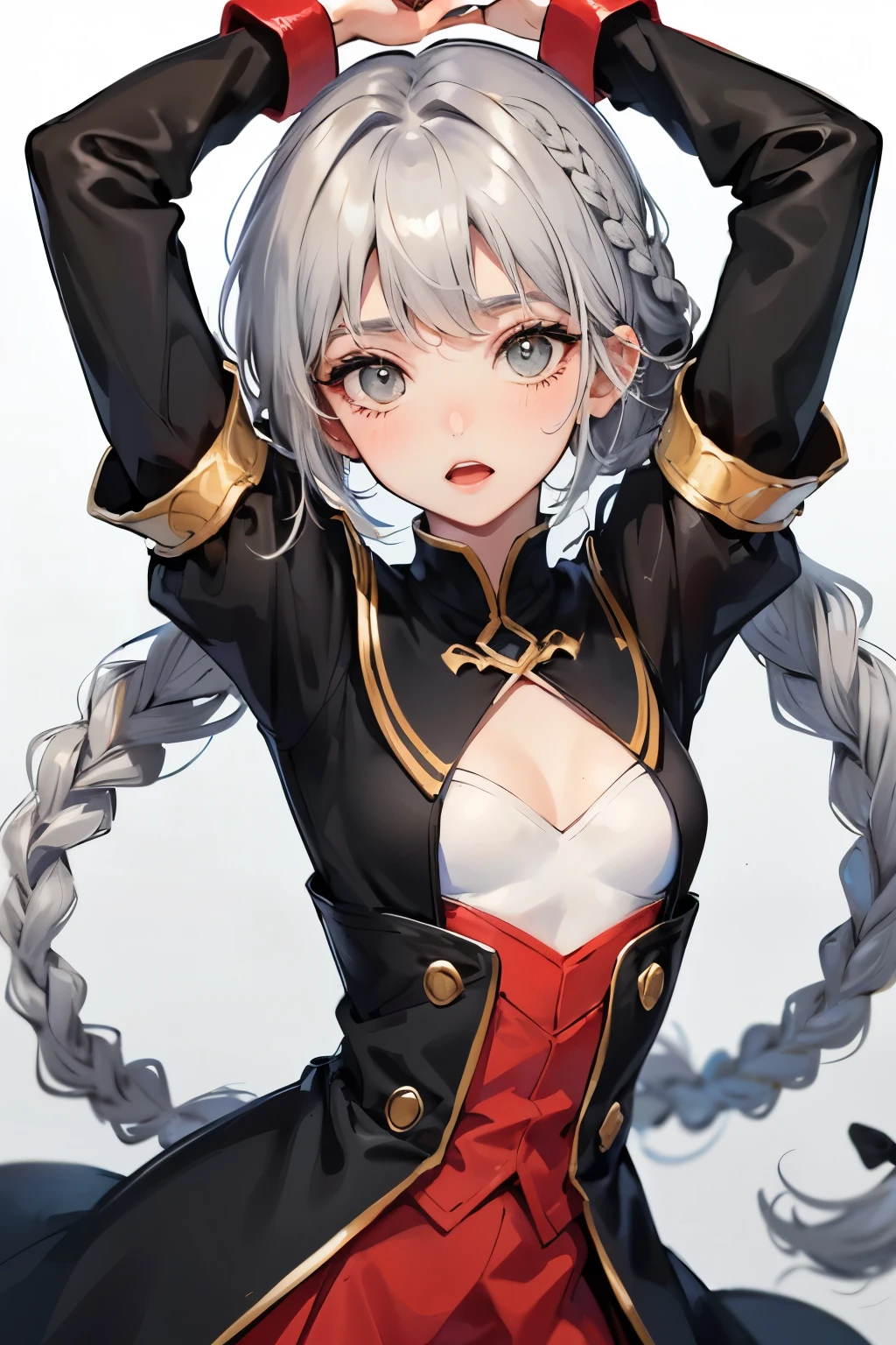 ((cute)), (Gray Hair), (Braid), ((Highest quality)), (Super detailed), ((Super small breasts)), Bring your arms up to your chest, Showing her breasts, 