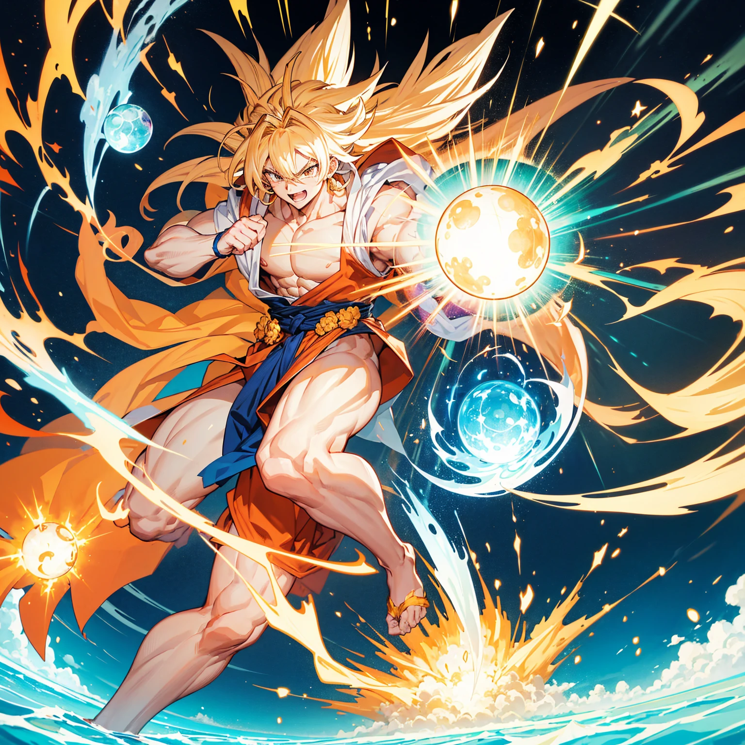 Cosmis background,Goku's hair extends infinitely, glowing with an intense golden and silver aura that shifts colors with each movement.Eyes: Radiant and glowing with a spectrum of colors, indicating his transcendent perception and power.: A multicolored, shimmering aura that fluctuates with cosmic energy, creating a field of immense power and serenity around him.Goku's physique becomes even more defined, with muscles that seem to contain boundless energy and strength.