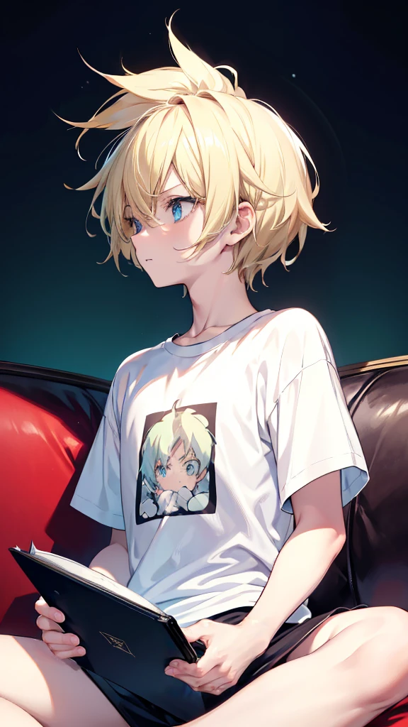 profile background, anime boy, serious face, blond hair, cyan eyes, detailed eyes and face, white t-shirt with a black book drawn in the middle, sitting on the sofa, in the living room, high-res portrait, character, fantasy, 4K, high resolution