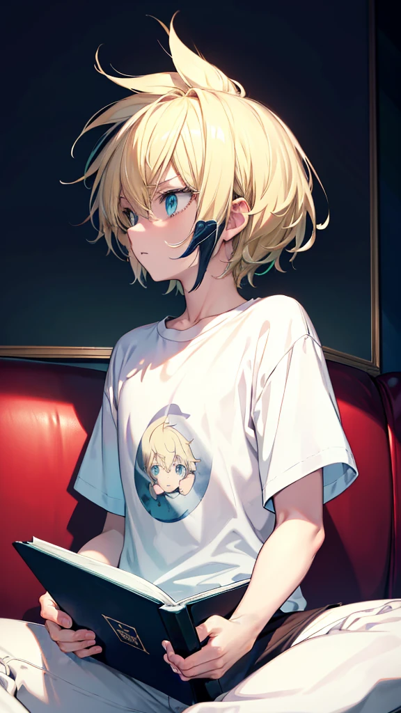 profile background, anime boy, serious face, blond hair, cyan eyes, detailed eyes and face, white t-shirt with a black book drawn in the middle, sitting on the sofa, in the living room, high-res portrait, character, fantasy, 4K, high resolution