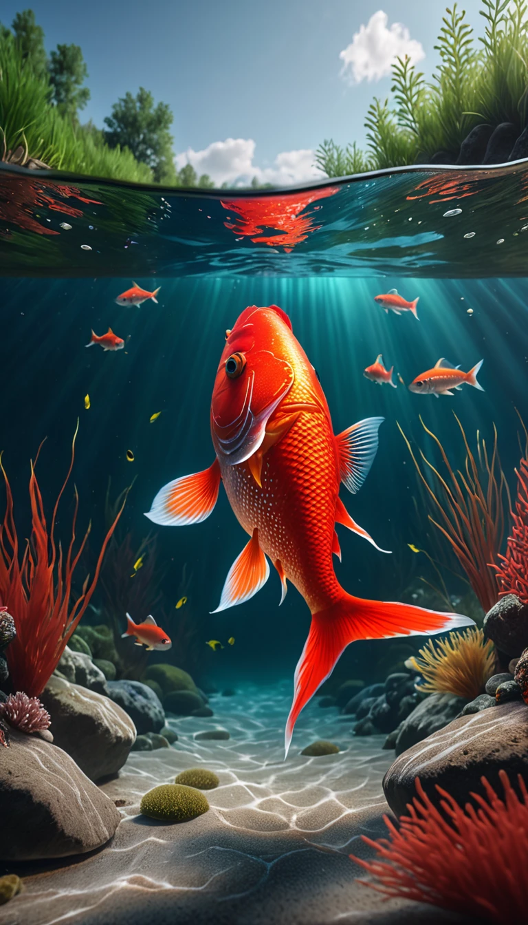There is a red fish at the bottom of the river，Front view(best quality，4K，8K，High level，masterpiece：1.2），Ultra Detailed，（lifelike，Photo real，Photo real：1.37），Highly detailed animals，Complex patterns，Realistic lighting，Fantasy Creatures