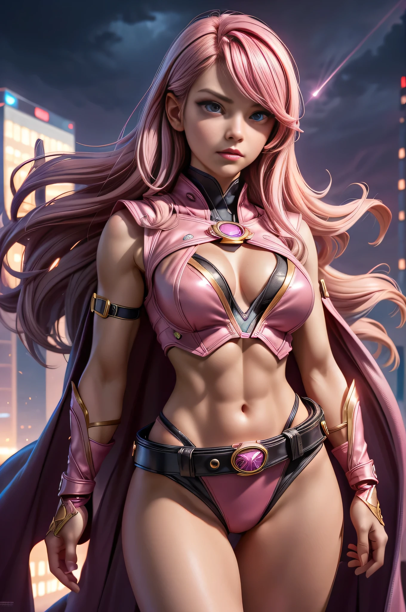 1girl, medium breasts, leotard, pink and black leotard, bare legs, tight belt, gold belt, gloves, white glove, 
city backdrop, tokyo city backdrop, solo, single, cowboy shot, superhero, beautiful detailed eyes, 20 year old girl, 
gold symbol on chest, mask, pink hair, long hair, sleeveless, perfect anatomy, masterpiece, bare stomach, cleavage, flowing cape. 
Strong, powerful, Front facing camera. Eyes glow with electric power, pink
superhero pose, dramatic lighting. storm clouds in sky, dramatic sky, lighting, glowing, lens flare.
leaning forwards over viewer
