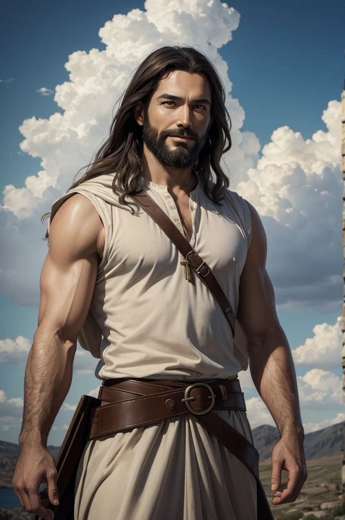 the image only needs to be a 4x3 photo, image of the face only. A beautiful ultra-thin realistic portrait of jesus, a prophet, man 35 years old Brunette, short brown hair, truly perfect eyes, long black beard, and, People々help , wearing a sleeveless tunic, made of linen or wool, and tied with a belt, neutral color, such as white or beige, Front figure, whole body, biblical, realistic,by Diego Velázquez,Peter Paul Rubens,Rembret,By Alex Ross,8K, conceptual art, realistic, realist, figure, oil, Surrealism, Super realistic, People Help, digital art, style, watercolorReal jesus flying in the sky with a flying cloud in the background, jesus walking on water, biblical figure, epic biblical representation, realistic, sky, jesus Christ, Smiling in the sky, Portrait of jesus Christ, face of jesus, 35 young almighty god, Portrait of Tenjin, greg olsen, jesus Gigachad, jesus of Nazareth, jesus, the face of god, God watching me, He welcomes you warmly, he is happy, Image information for Sky Avatar
