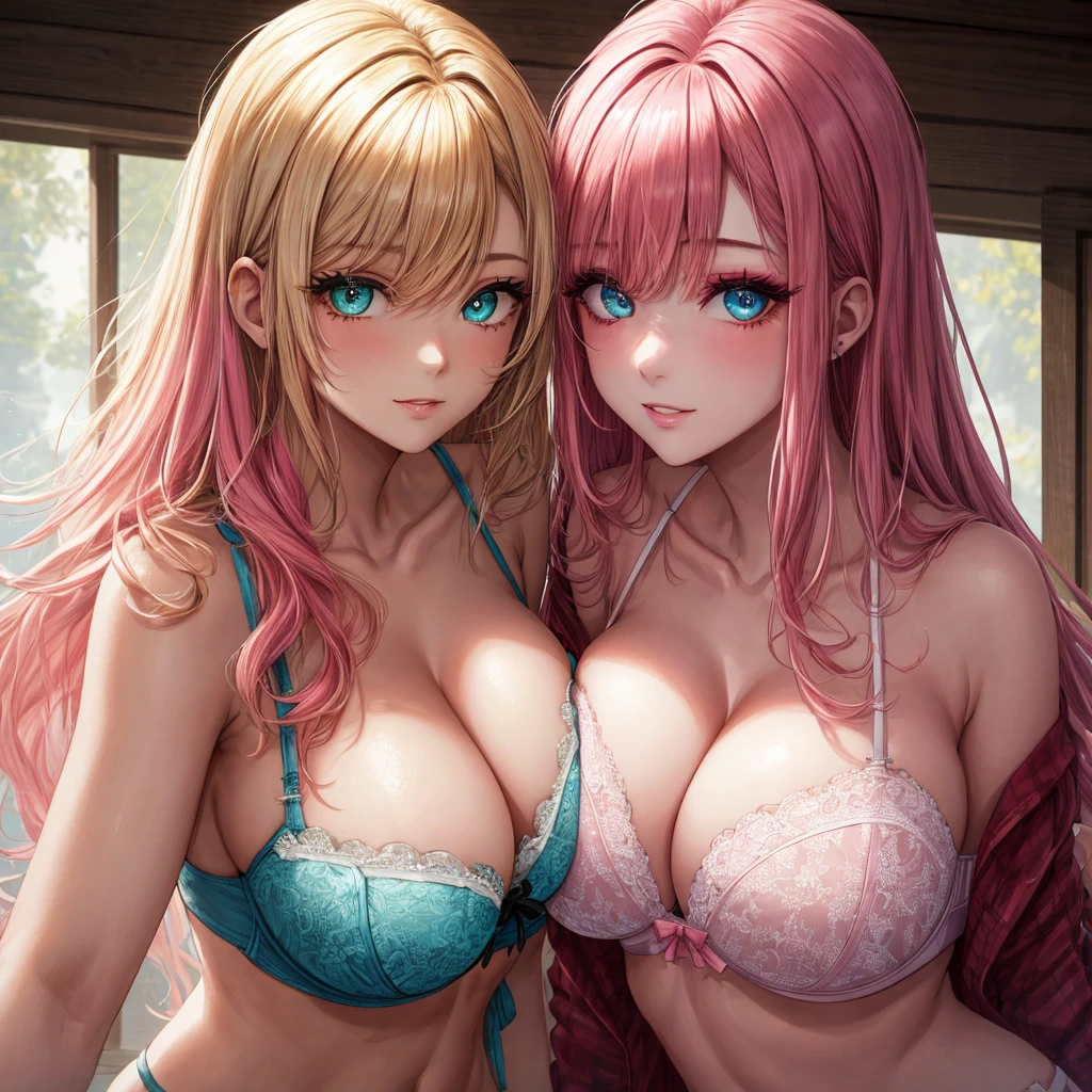 , (2girls:1.3), couple, blonde hair, pink hair, solo, long hair, one green eye, one blue eye, mascara, makeup, looking at viewer, collarbone, cleavage, detailed eyes, (close up), gleaming skin, shiny glossy skin, big round breasts, big breasts, white bra 