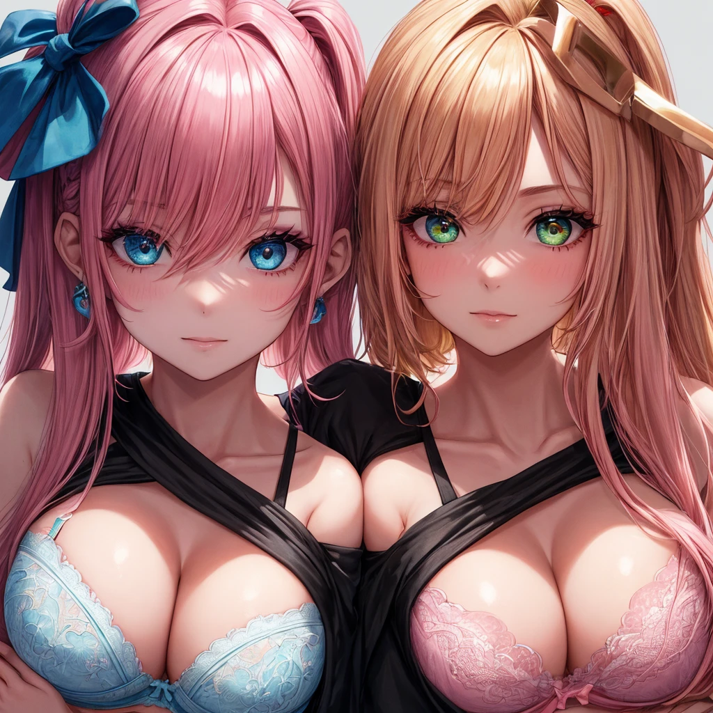 (Best Quality, 4K, 8K, hight resolution, masutepiece:1.2), Pink hair、bobhair、her breasts are beautiful and big。you are twins。There are twin faces in the close-up。twins kiss me。