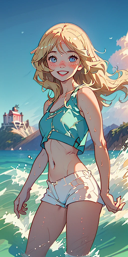 master part, best quality, wolves, chic, 1girl, orelhas de wolves, Cauda de wolves, fluffly, Corou, Looking at Viewer, From above, wavy blond hair, mini skirt, white and black striped t-shirt, blue colored eyes, Beautiful eyes, beautiful background, light particles, Sun'rays, dramatic lighting, Outside, shiny, Realistic, master part, best quality, ultra detali, circunstanciado, scenecy, beautiful detailed eyes, detailed hair