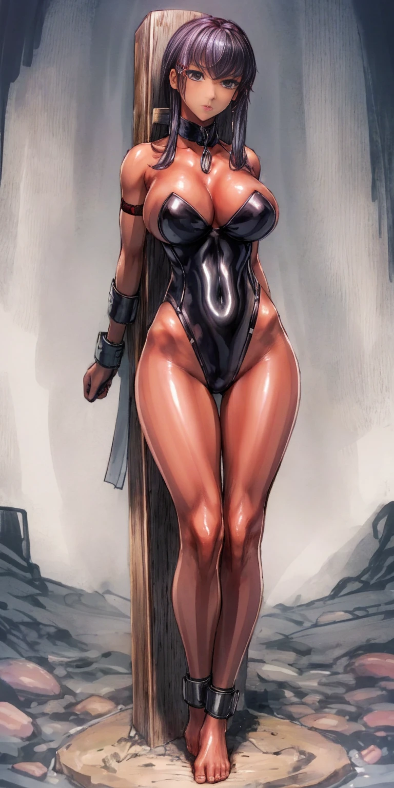 (Masterpiece, best quality, intricate details, 1sologirl) iron collar, arms behind back, iron cuffs, shackles, leather collar choker neck bell, bound ((standing by wooden pole:1.2)) ((female Black Dark skin Gyaru)) show entire body frontal position, realistic, gorgeous 16y.o. darkest skinned mixed race female, black African, transparent black pantyhose, legs together barefoot no shoes barefoot, looking view to viewer from below straight symmetrical, long hair