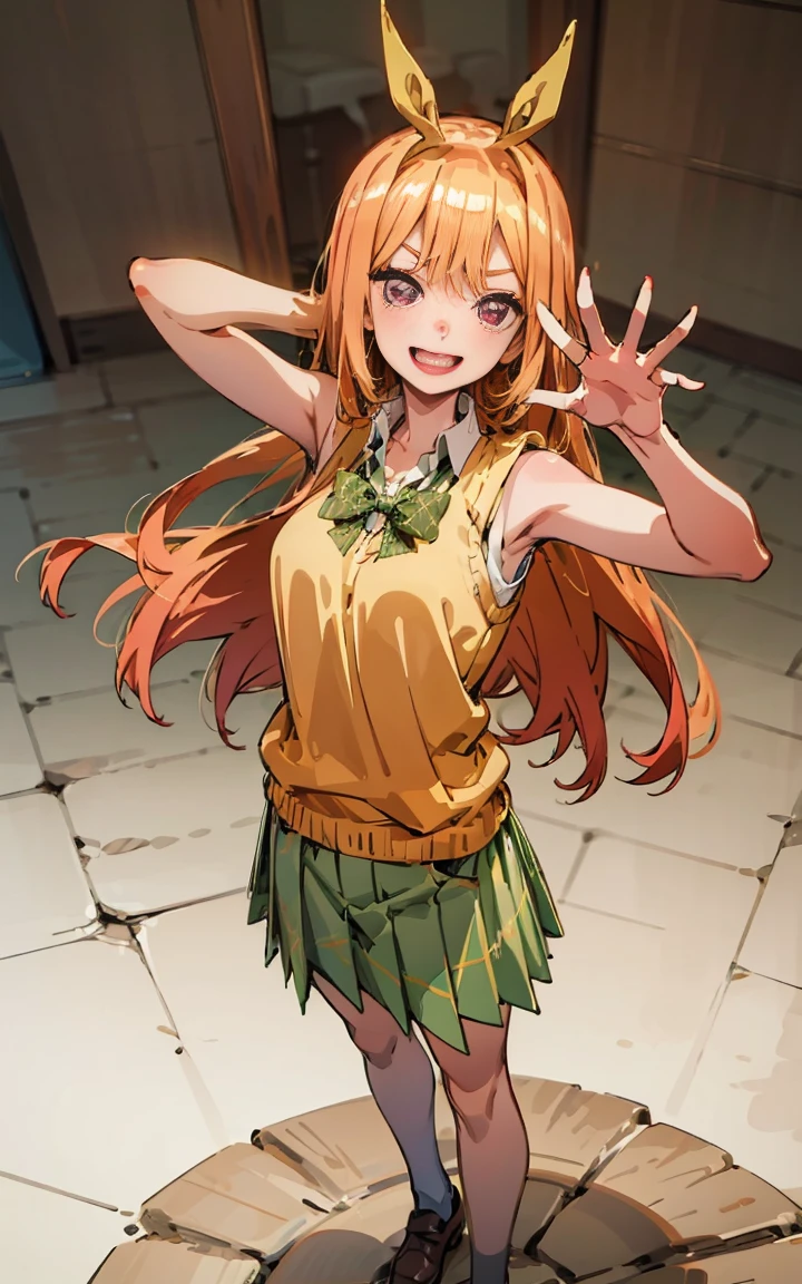 Marin dressed up as Yotsuba Nakano, long blonde hair with pink ends, sparkling pink eyes, sweet face, cheery, playful happy face, lovely, 4k, perfect quality, excellent fusion, excellent character design, green ribbon, sleeveless yellow sweater, collared white short sleeved shirt, green bow tie, green pleated skirt, bright colors, pastel coloured image, vivid colours, light colours, simple background, magic hill background, splendid nature, natural light, daylight, full body, full shot, dinamic pose, extremely detailed, clean lineart, neat, smile