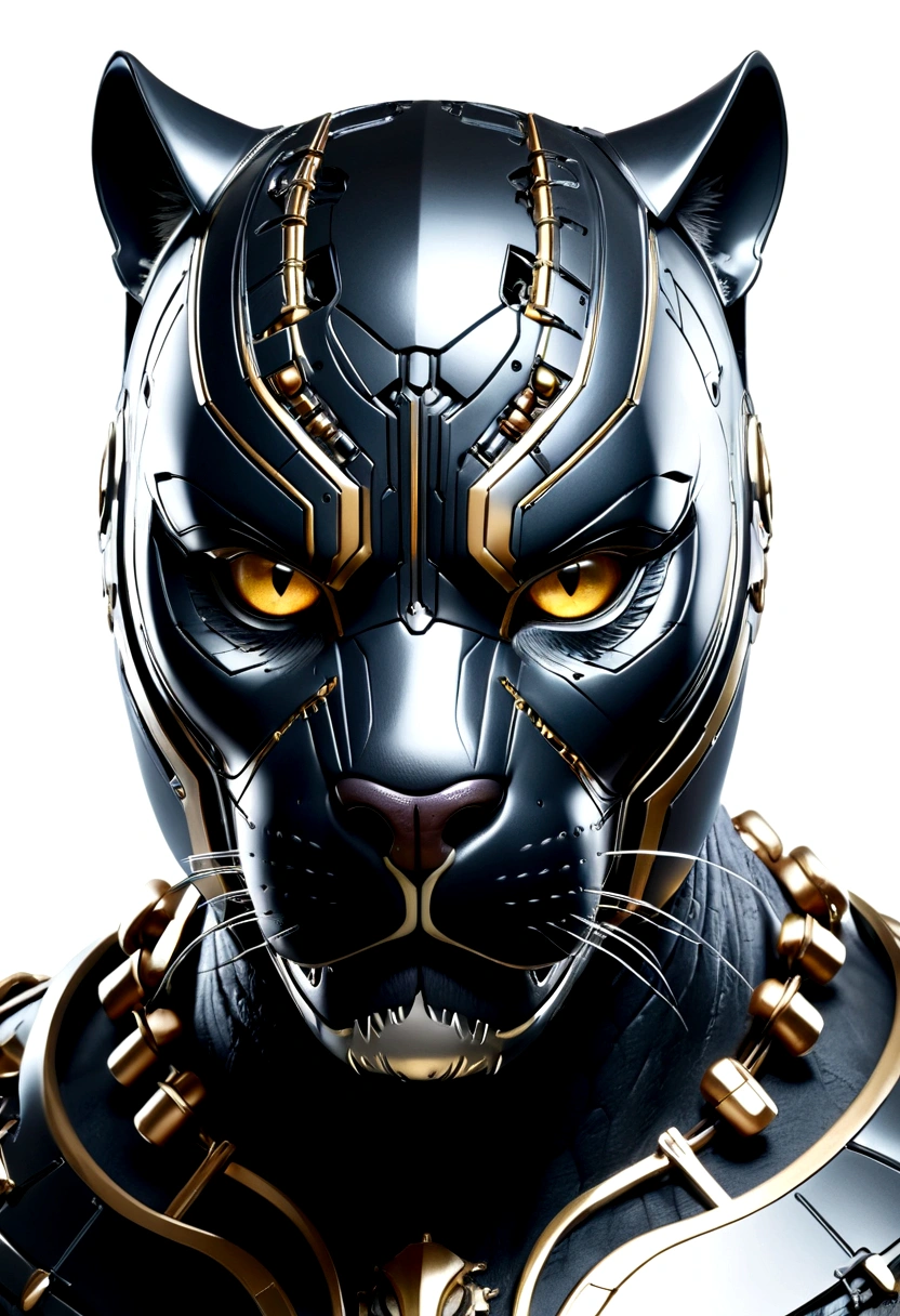 Highest quality, spectacular lighting, scary expression, aggressive expression, roaring, spectacular atmosphere, futuristic, panther helmet, head portrait, metal cat, cyborg. ,cyberpunk style,mechanical intricate details, complicated details Too much detail, light bulb, cinematic image, vignette, white background effect, black panther, straight face.