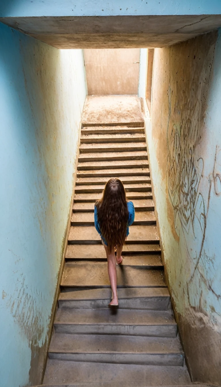 A female in her early 20s, with long brown hair and blue eyes, is walking down a long, concrete staircase, while looking at the camera. The stairs are covered in dust and cobwebs, and the woman's footsteps echo in the stairwell. The walls are bare, except for a door that let in a faint light. 
