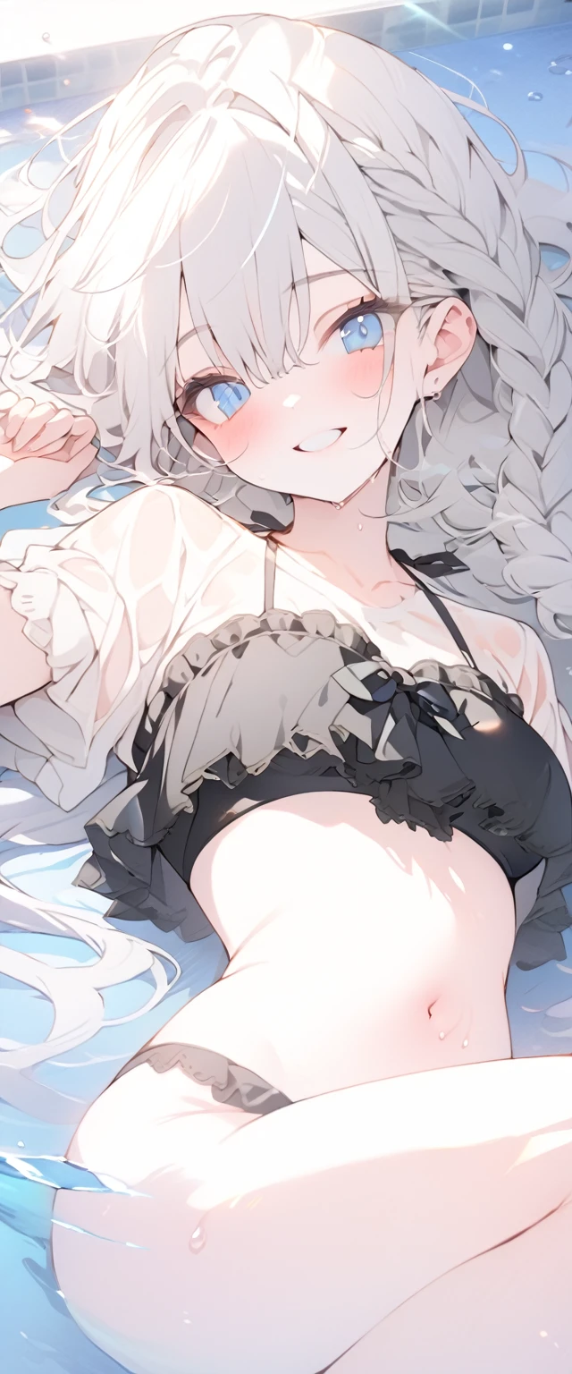 beautiful, masterpiece, Highest quality, anime, One girl,Portrait Shot, View your viewers, Covered、Long Hair、nearby、Blue Eyes、art、White hair,black streaked hair、Thighs、Braid、Wet Shirt、 Light black frill bikini、Pool、Bright、smile、See-through bikini、Lying on your back