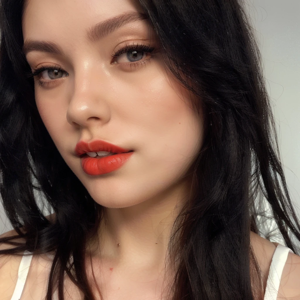 There's a woman with long black hair and a white tank top, faint Red lips, thick Red lips, Red lips, Ayahausca, 18 years old, 28 years old, 23 year old, 22 years old, 27 years old, thick lips, 21 years old, profile picture with headshot, small and thick Red lips