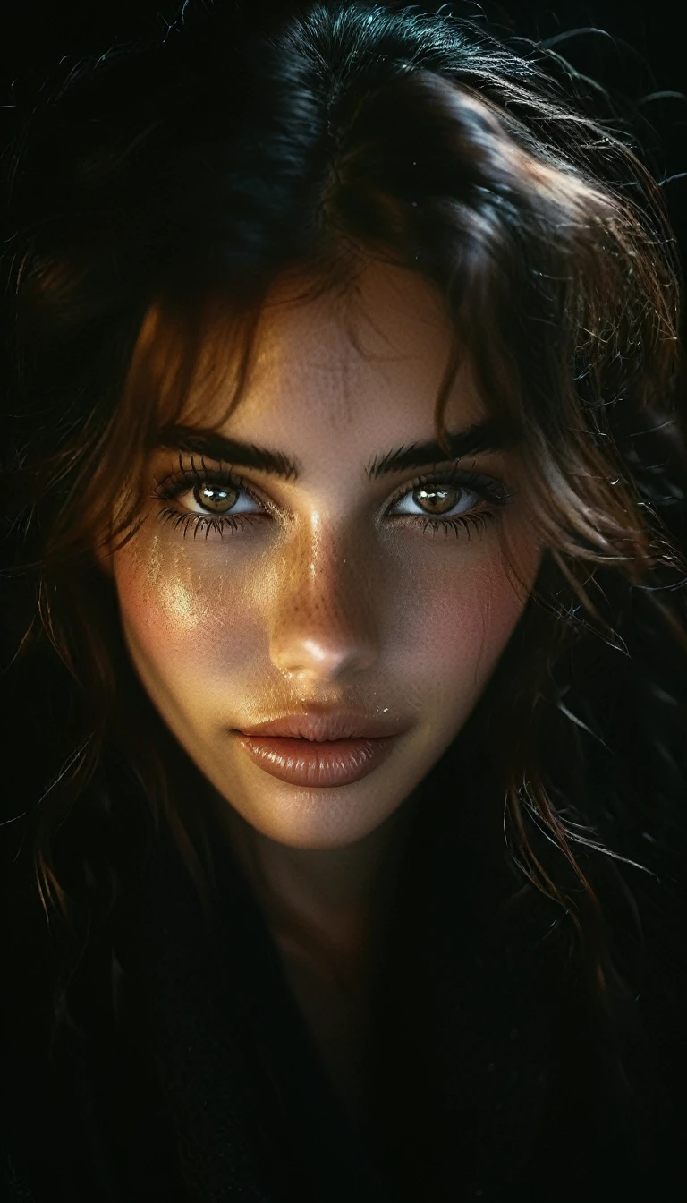 (full length, Wide angle, center, without trimming) - AR 9:16 - from 1:2. 1940s editorial photo: 20 year old girl, 1 woman, solo, in frame, contemptuous smile, in dark room, extremely detailed eyes, detailed symmetrical realistic face, extremely detailed natural texture, peach fuzz, tangled hair, masterpiece, absurd ,award-winning photography by Lee Jeffries,nikon d850 film, kodak portra 400 f1.6 camera lens, extremely detailed, amazing, fine details, rich colors, hyper realistic texture, dramatic lighting, unreal engine, popular on artstation, Cinestill 800 tungsten. photorealistic,Photo in RAW format, Tanvir Tamim, high quality, high resolution,sharp focus, highly detailed, cinematic lighting, 8k uhd, high res, cinematic, neoprene, behance winner, featured on unsplash, cgsociety, unreal engine 5, super sharp focus. (full length, Wide angle, center, without trimming) - AR 9:16 - from 1:2