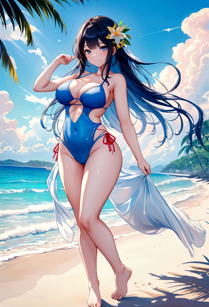 8K, RAW Photos, Highest quality, masterpiece: 1.2, High-quality RAW color photos, Professional photography, Cinematic Light, alone, young woman, Gal, Beach,Very large breasts,smile, Summer clothes, Long Hair, blue sky,Provocative pose,Sexy Swimwear