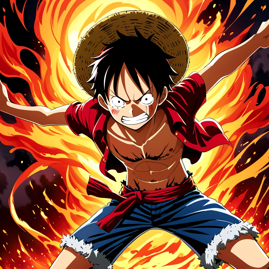 Design a gripping poster featuring Luffy from "One Piece" in a fit of rage. Capture the essence of his burning determination and unyielding spirit as he unleashes his wrath upon his enemies. Keep it short, bold, and intense to convey the raw power of Luffy's anger.