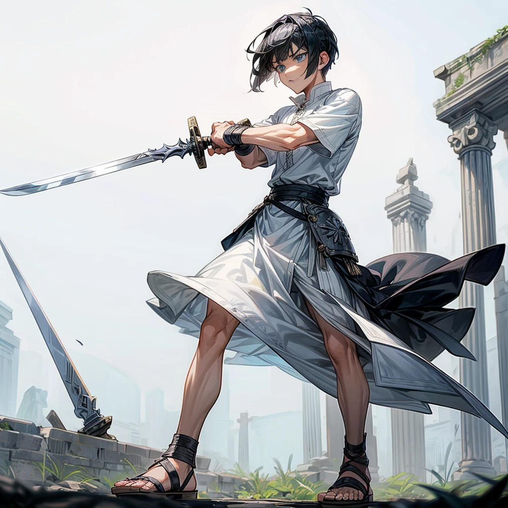 1boys, Full body version, blue eyes, undercut hair, black colour hair, very angry expression, white tunic Ancient Roman clothing, short sleeve shirt, gladiator skirt, gladiator armor, gladiator sandals, Spatha sword in hand, war gesture, Grassroots background 