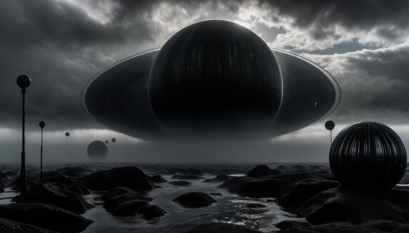 ON A STORMY GRAY DAY THE GIANT BLACK PLANETS ARE SEEN, R STYLE.h. GIGER VERY CLOSE, ALMOST TOUCHING. SHOWS GRAVITATIONAL FIELD ABSORBING AND RELEASING MATTER MUTUALLY, 4k image, ALTA RESOLUCIÓN E hÍPER REALISTA, FILM DAYLIGHTING, CLOUDY DAY WITH FOG
