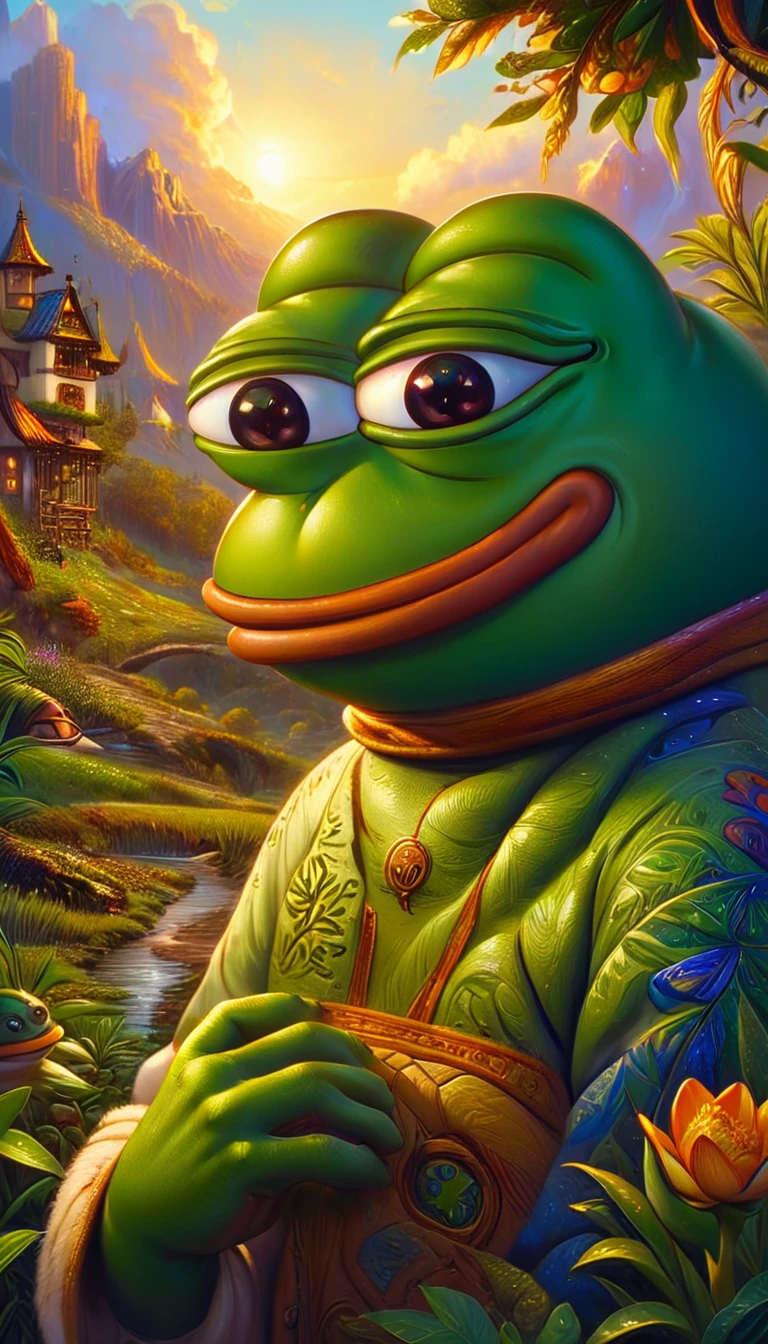 a pepe frog with friendly expression,pepe frog character,cute frog mascot,cartoon style,vibrant colors,detailed intricate design,digital illustration,surreal fantasy,whimsical concept,adorable frog character,frog joining a community,friendly frog mascot,warm and inviting atmosphere,soft textures,natural elements,lush foliage,sense of community,digital art,4k,8k,highres,masterpiece,ultra-detailed,realistic,photorealistic