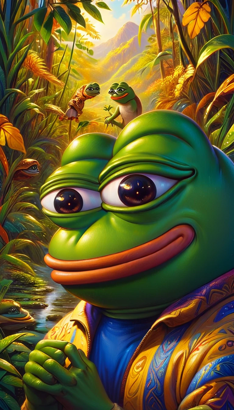 a pepe frog with friendly expression,pepe frog character,cute frog mascot,cartoon style,vibrant colors,detailed intricate design,digital illustration,surreal fantasy,whimsical concept,adorable frog character,frog joining a community,friendly frog mascot,warm and inviting atmosphere,soft textures,natural elements,lush foliage,sense of community,digital art,4k,8k,highres,masterpiece,ultra-detailed,realistic,photorealistic