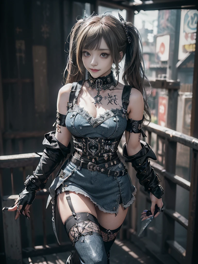 (Smiling with teeth showing:1.3),(Shibuya Gal:1.5)、(Prostitute:1.3)、(Gothic Lolita style fashion:1.5)、(Punk RockVisual Kei:1.4)、(Denim and black and white medieval noble mini skirt dress:1.5)、(Denim with black and white medieval gloves and bustier:1.5)、(Denim high heels:1.3)、(Wearing silver accessories:1.5)、(Denim collar:1.4)、(Black Leather Garter Belt:1.4)、(Brown Skin Belt:1.3)、(Black lace underwear:1.5)、20-year-old、NSFW、((Highest quality、In 8K、masterpiece:1.3))、Sharp focus:1.2、(Layered Cut、Huge boobs:1.1),Beautiful woman with perfect figure:1.4、(Dancing vigorously:1.3)、Slender Abs:1.2、Highly detailed face and skin texture、Detailed eyes、double eyelid,(Twin tails:1.3)、(Brown-golden hair:1.3)、Gravure idol、(The background is the Takarazuka Revue stage.:1.3)、(Slim body:1.2),(Make your legs thinner:1.4),（clavicle:1.1）
