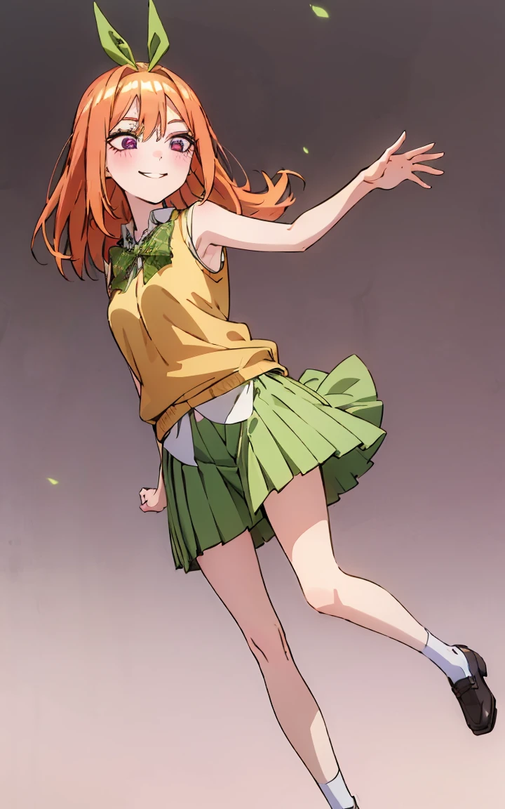 Marin dressed up as Yotsuba Nakano, long blonde hair with pink ends, sparkling pink eyes, sweet face, cheery, playful happy face, lovely, 4k, perfect quality, excellent fusion, excellent character design, green ribbon, sleeveless yellow sweater, collared white short sleeved shirt, green bow tie, green pleated skirt, bright colors, pastel coloured image, vivid colours, light colours, simple background, magic hill background, splendid nature, natural light, daylight, full body, full shot, dinamic pose, extremely detailed, clean lineart, neat, smile