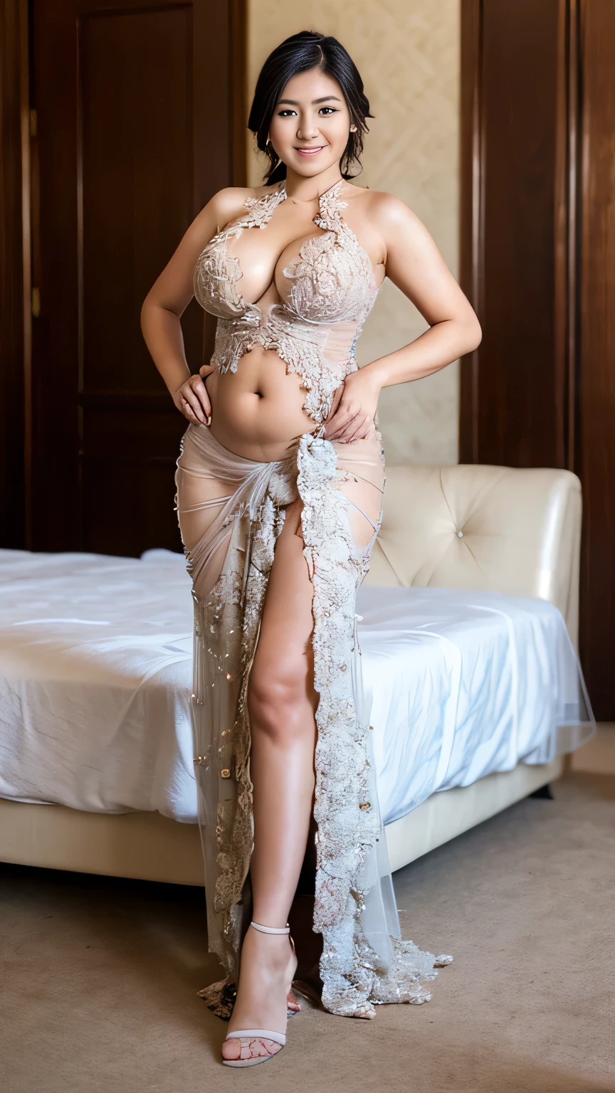 (best quality,highres), Vogue style photo shoot of malay 20 years old lady wears ((traditional bali kebaya)), ((transparent cloth)), brown skin, ((dimple chin)), big natural breast, saggy breast, very skinny body, sensual pose, ribs, hyper - realistic photography, full body, 8k, extreme close - up shot, half body shot, sexy pose, ((gigantic breast)), small belly, no panties, no pants, no skirt, taken photo from side angle