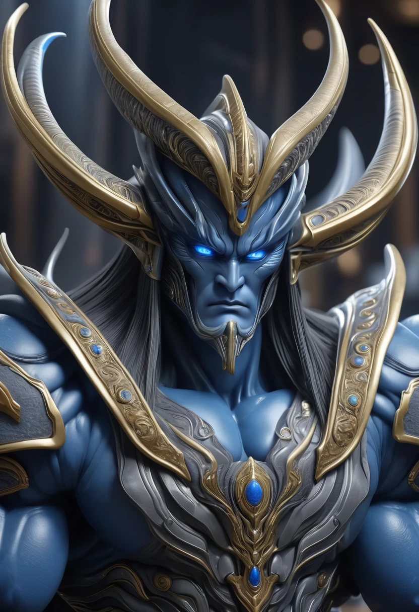 alien, Cao Cao, strong physique, long arms, dense muscle, through the dense, gray colored skin, without mouth and nose, just huge blue eyes, serious features, height of 2,35 meters, space diner, richness of detail, realisitic, ultra HD, 8K 