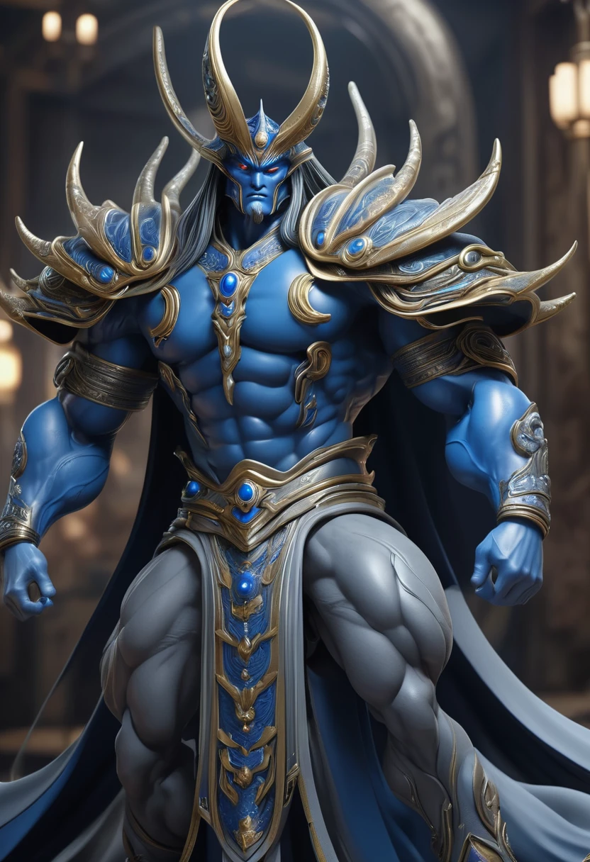 alien, Cao Cao, strong physique, long arms, dense muscle, through the dense, gray colored skin, without mouth and nose, just huge blue eyes, serious features, height of 2,35 meters, space diner, richness of detail, realisitic, ultra HD, 8K 