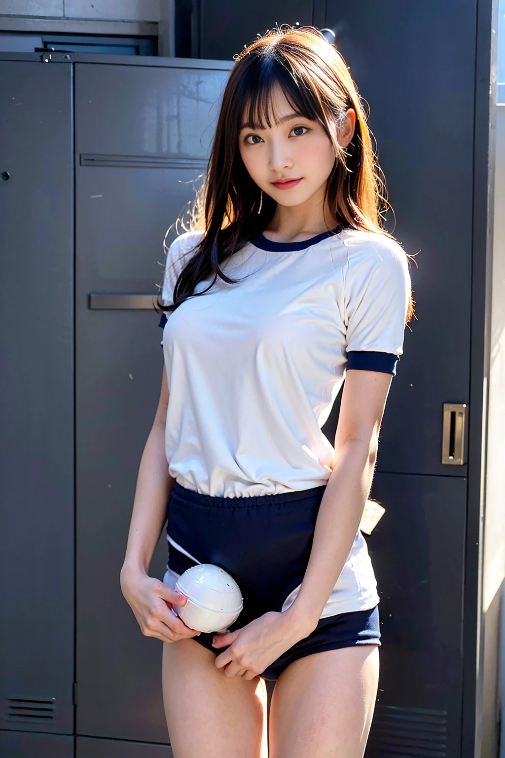 masterpiece, ultra high res, (photorealistic:1.4), 8k, RAW photo, best quality, detailed shadow, sharp focus, bloom, (bokeh:1.3), (blue Hour Light:1.6), (dynamic pose:1.4), (cowboy shot:1.3),
BREAK
1girl, (small breast:1.5), (round face:1.5), (light pink hair:1.3), (long hair:1.3), (wavy hair:1), (bangs:1.5), (fair skin:1.5), (transparent skin:1.5), (narrow weist:1.8), wide forehead, (skinny:1.2), ((towering:1.8)), (towering:1.5), (18 years old:1.5), (detailed and structured patterns:1.5), (tight Japanese Gym Uniform:1.6), (tight black buruma:1.6), ( tight buruma:1.6)(Futuristic locker room:1.4), (locker room:1.4),round breasts