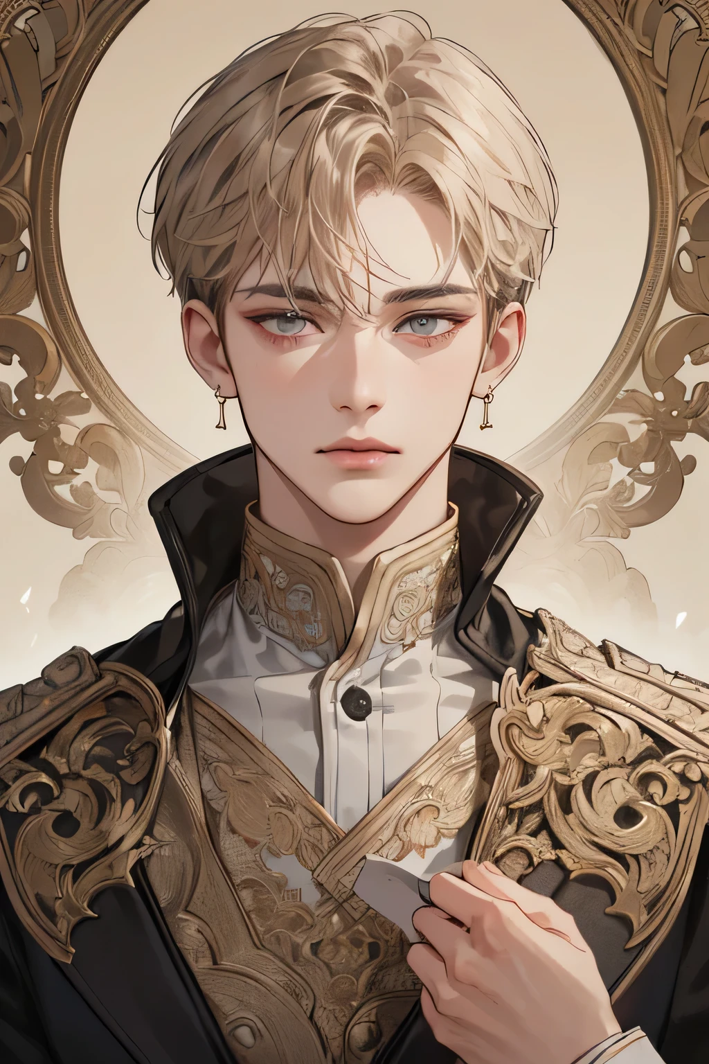 (extreamly delicate and beautiful:1.2), 8K,(masterpiece:1.0),(best_quality:1.0), 1boy, and intricate detailing, Enlarged textures, and intricate detailing, finely eye and detailed face, and intricate detailing, brown golden short hair, (closed mouths), Perfect eyes, Equal eyes, grey eyes (A male god) perpect, earing
