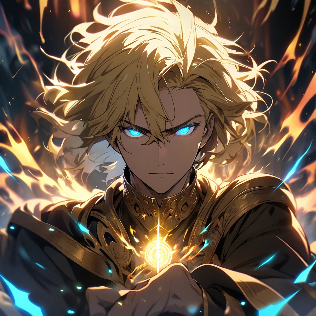 male, solo, handsome, blond hair, god, god eyes, glowing eyes, light, aura, holo, golden