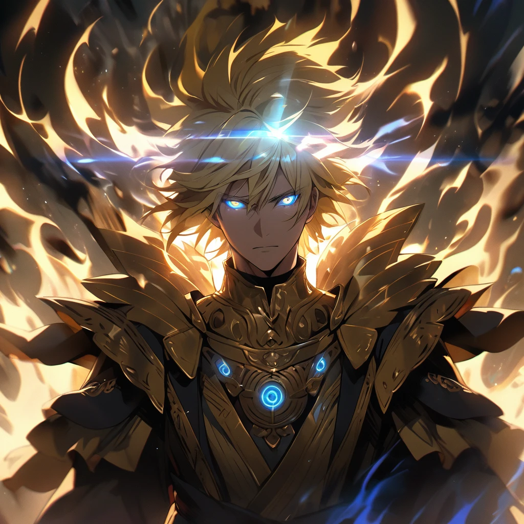 male, solo, handsome, blond hair, god, god eyes, glowing eyes, light, aura, holo, golden