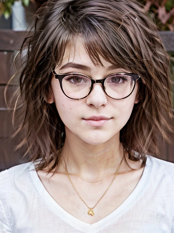 (masterpiece, Best quality:1.2), 1 tomboy girl 16 years old, One, Russian girl in glasses with aesthetic small breasts with beautiful erect pale pink nipples, round face, round cheeks, small round chin, beautiful proportional small wide nose, Plump lips, closed mouth, expressive brown eyes, Long eyelashes, glasses with lenses, a little crazy look, sparkle in the eyes, spiky tousled dark brown tousled slightly wavy medium length shoulder length hair, wearing a white cotton shirt (office outfit), absolutely no bra, upper body photo portrait, high quality human skin textures, Beautiful face, Ideal Anatomy, realistic textures, realistic glasses, image distortion through glasses lenses, without cosmetics and perfumes, without decorations, medium shot, free pose 